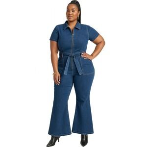 Women's Short Sleeve Denim Jumpsuit - Ava & Viv‎ Dark Wash 24